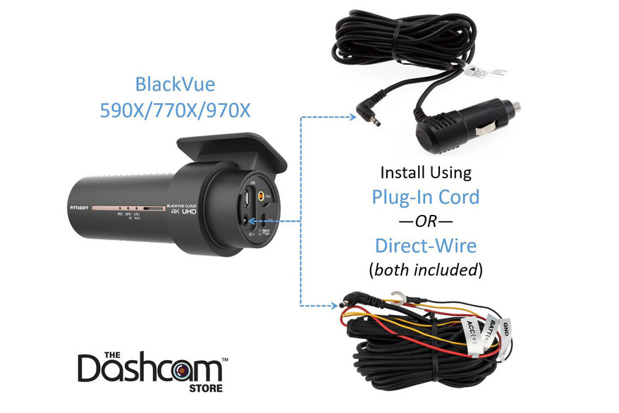 BlackVue DR970X-1CH Dash Cam Power Wire Options | Both Plug-In Cord and Direct-Wire Harness Are Included