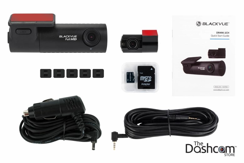 image of all items in the box of the new 2017 BlackVue DR490-2ch Full HD 1080p dashcam