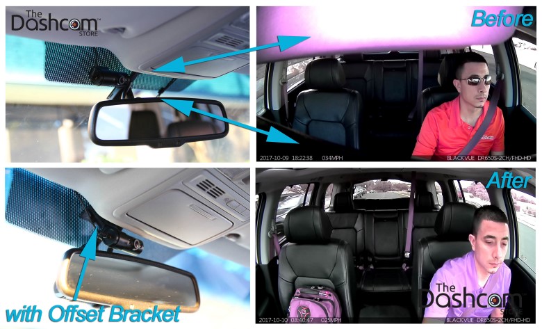 BlackVue DR650S-2CH-IR dashcam interior facing lens before and after The Dashcam Store offset mounting bracket mounted on windshield