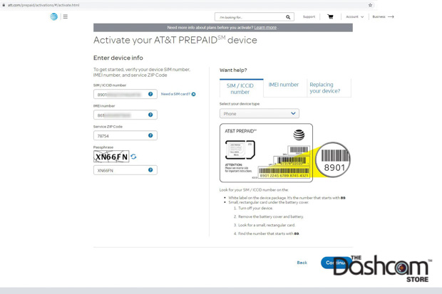 image: Example AT&T Pre-Paid 4G-LTE SIM Card Activation Screen