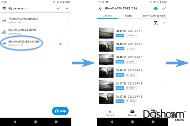 image: BlackVue App Showing DR750-2CH-LTE Connected (Blue Car Icon) and Cloud Playback Example
