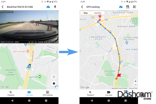 image: BlackVue App Showing DR750-2CH-LTE Dash Cam Remote Cloud Live View and GPS Tracking Examples