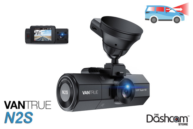 image: The best all-in-one dashcam runner up for Uber and Lyft rideshare drivers is the Vantrue N2S front and interior dashcam