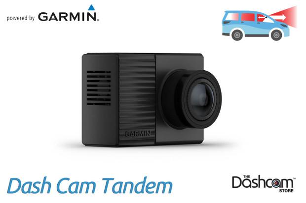 image: The best compact all-in-one dashcam for Uber and Lyft rideshare drivers is the Garmin Dash Cam Tandem front and interior dashcam
