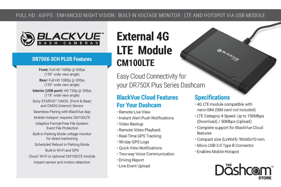 BlackVue DR750X-3CH-PLUS Dash Cam Optional CM100LTE Module for Cloud Connectivity