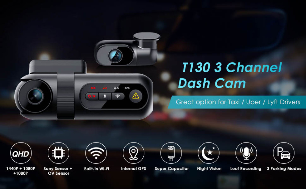 VIOFO T130-3CH Dash Cam System | Exclusively For Front, Rear, & Interior Video Coverage