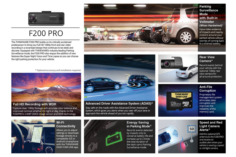 Features of the Thinkware F200 Pro Dual Lens Dash Cam