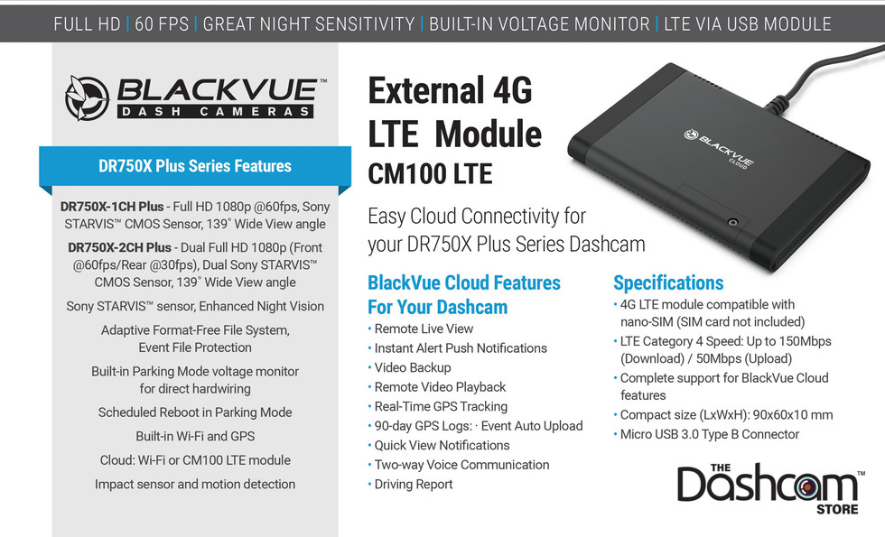 BlackVue DR750X-1CH-PLUS Dash Cam Optional CM100LTE Module for Cloud Connectivity