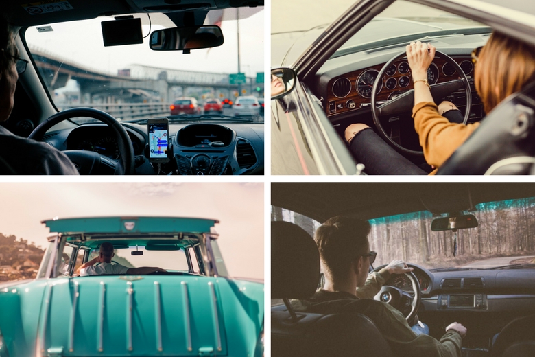 photo collage of a diverse group of drivers in cars and trucks