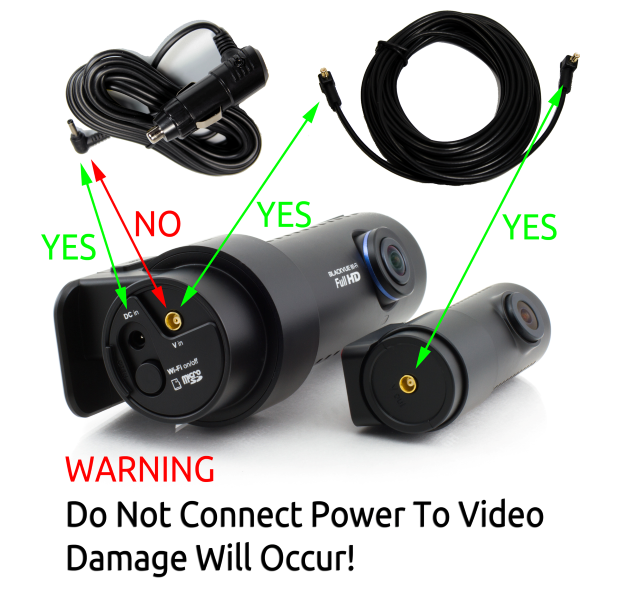 image: BlackVue Dashcam Correct Video and Power Cable Insertion Diagram
