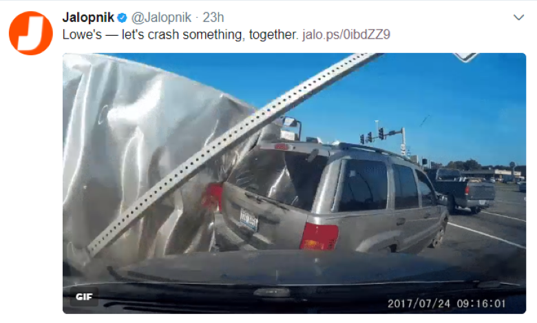 Jalopnik tweets about Lowes truck crash caught on dashcam | The Dashcam Store Blog