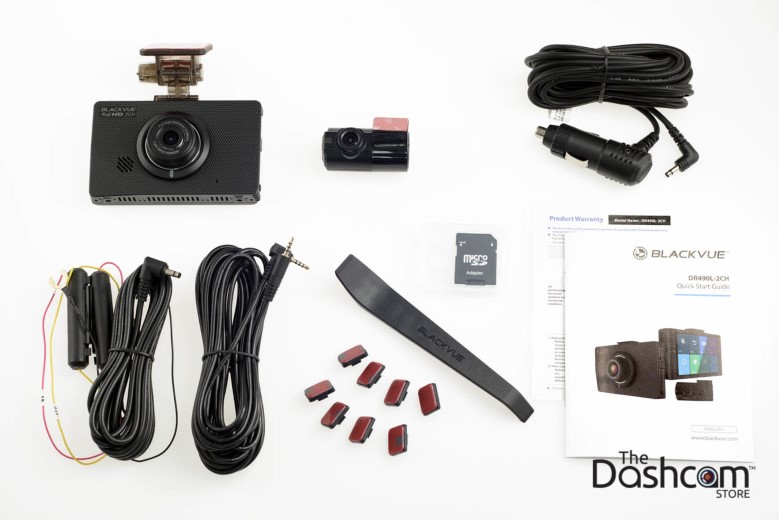 image of all items in the box of a BlackVue DR490L-2ch Full HD 1080p dashcam with touchscreen display