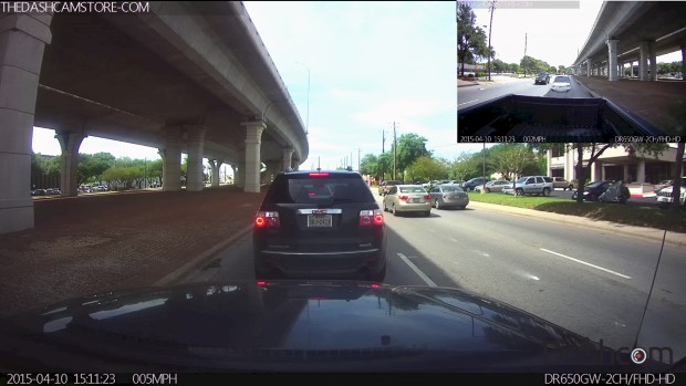 Dual-lens dashcam (with external/remote second lens) video still frame example thumbnail