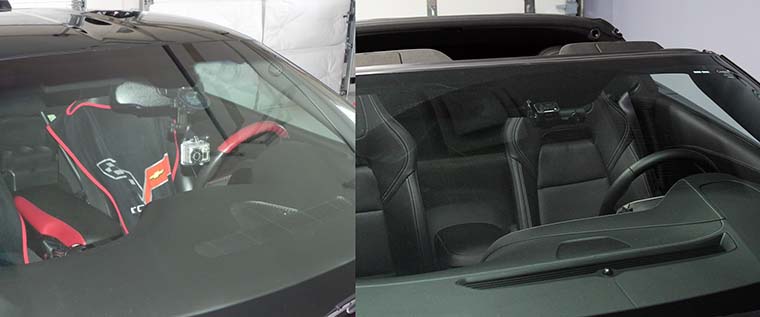 GoPro vs BlackVue 750 Series dash cam in-car comparison photo in a Chevy Corvette