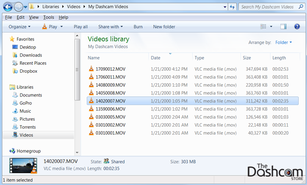 Dashcam video file list